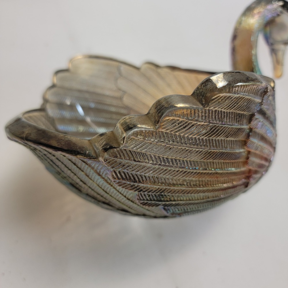 Imperial Glass Smoke Carnival Glass Swan Dish Figurine Iridescent IG Mark - Picture 8 of 15